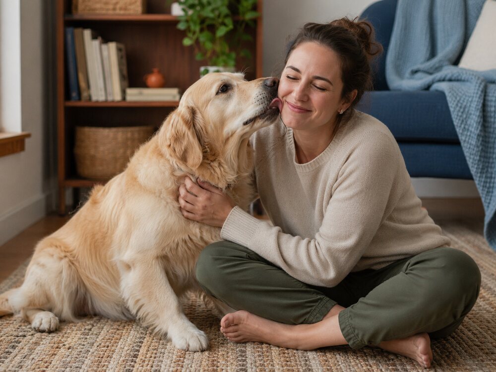 Golden Retriever licking its owner's cheek during a quiet moment at home