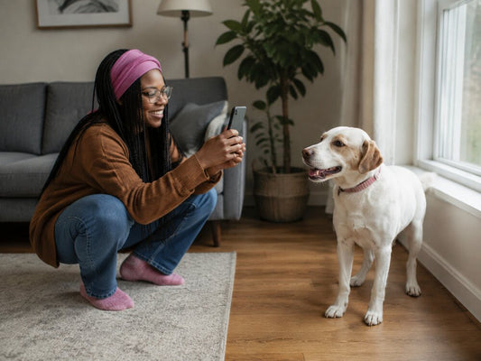 Owner photographing a dog at eye level in natural light for a custom pet portrait