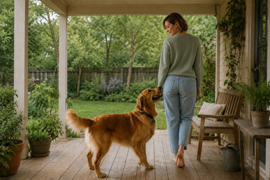 A golden retriever following its owner across a covered backyard porch