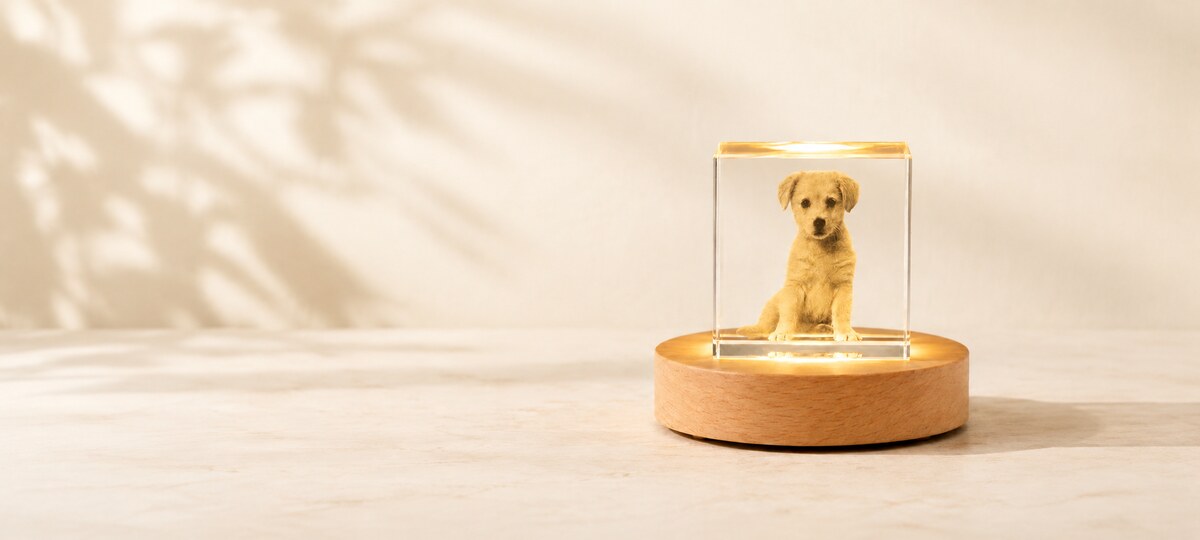 Collection of personalized crystal pet portrait night lights featuring dog, cat and rabbit engravings on illuminated wooden bases.