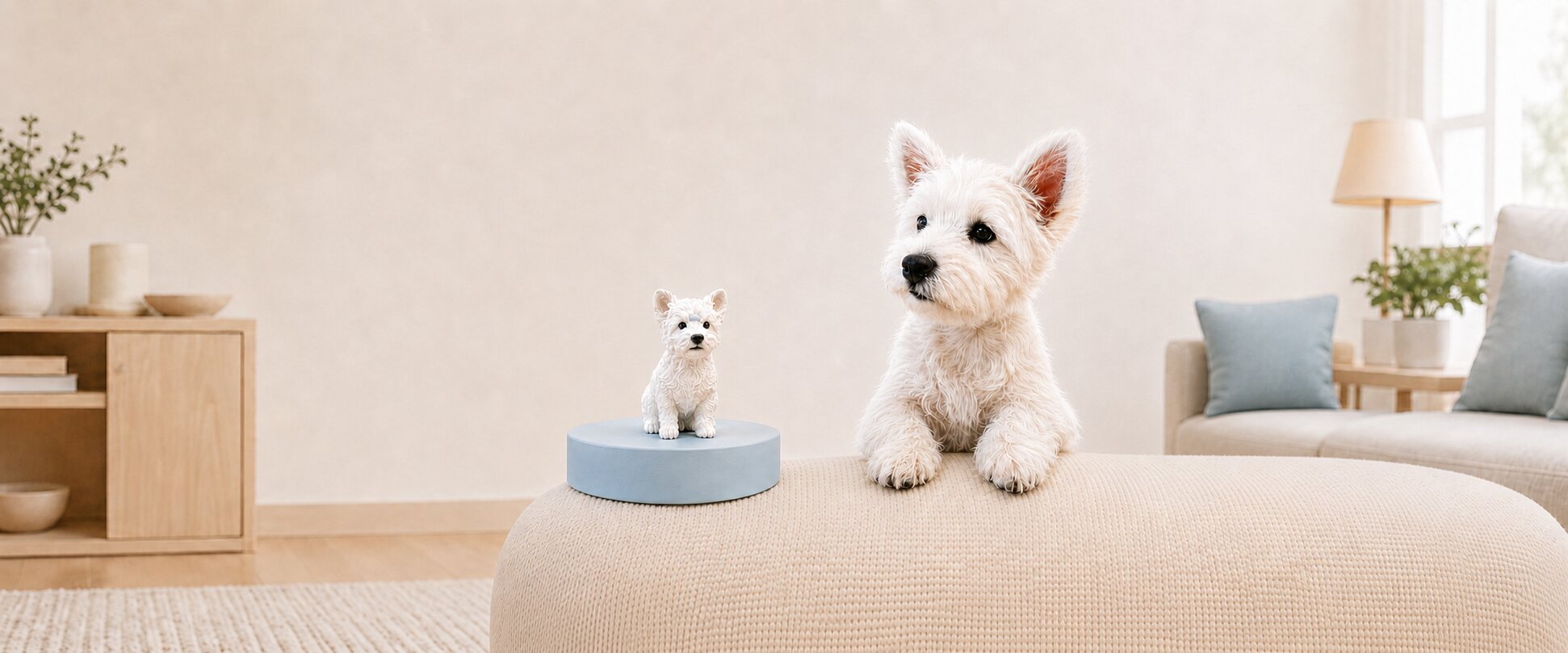 Custom miniature figurine of a white West Highland Terrier displayed on a light blue base beside the real dog in a bright home interior.