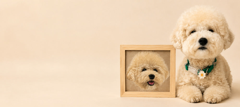 Custom colored pencil pet portrait created from a photo of a cream-colored dog, displayed in a square wooden frame beside the real pet.