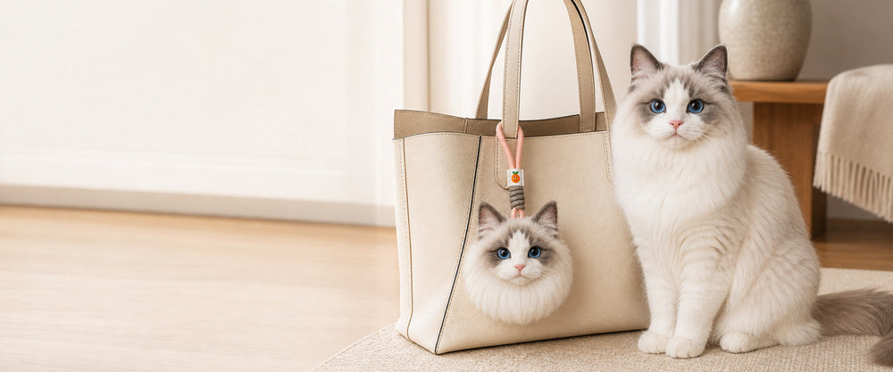Custom wool-felt portrait bag charm of a blue-eyed Ragdoll cat displayed on a beige tote bag beside the real pet.