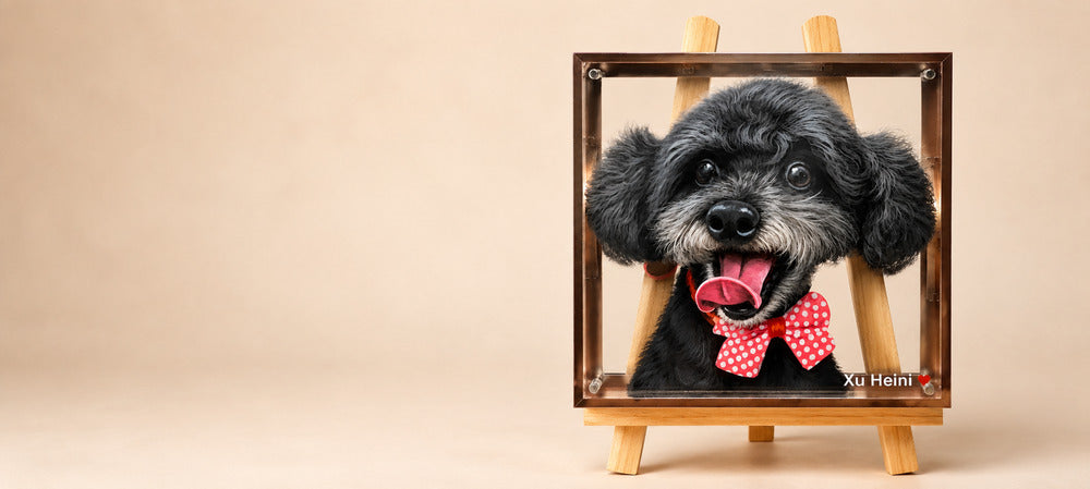 Custom multi-layered pet portrait of a black dog wearing a red polka-dot bow, displayed in a dark frame on a wooden easel.