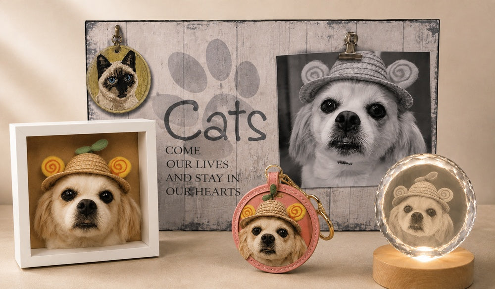 Custom pet keepsake display with a framed wool-felt dog portrait, personalized leather dog pendant, crystal pet portrait light, and embroidered cat ornament.