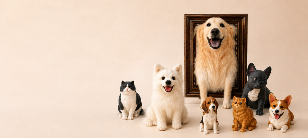 Custom pet replicas and figurines made from photos, featuring personalized dog and cat sculptures in different styles and sizes.