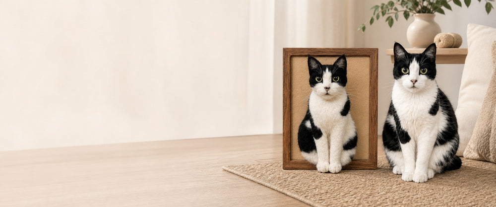 Custom framed wool-felt portrait of a black-and-white cat displayed beside the real pet in a bright neutral home interior.