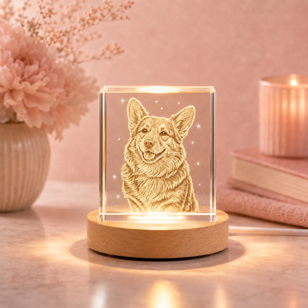 Custom Corgi crystal pet portrait night light engraved with a detailed dog design on a warm wooden LED base.