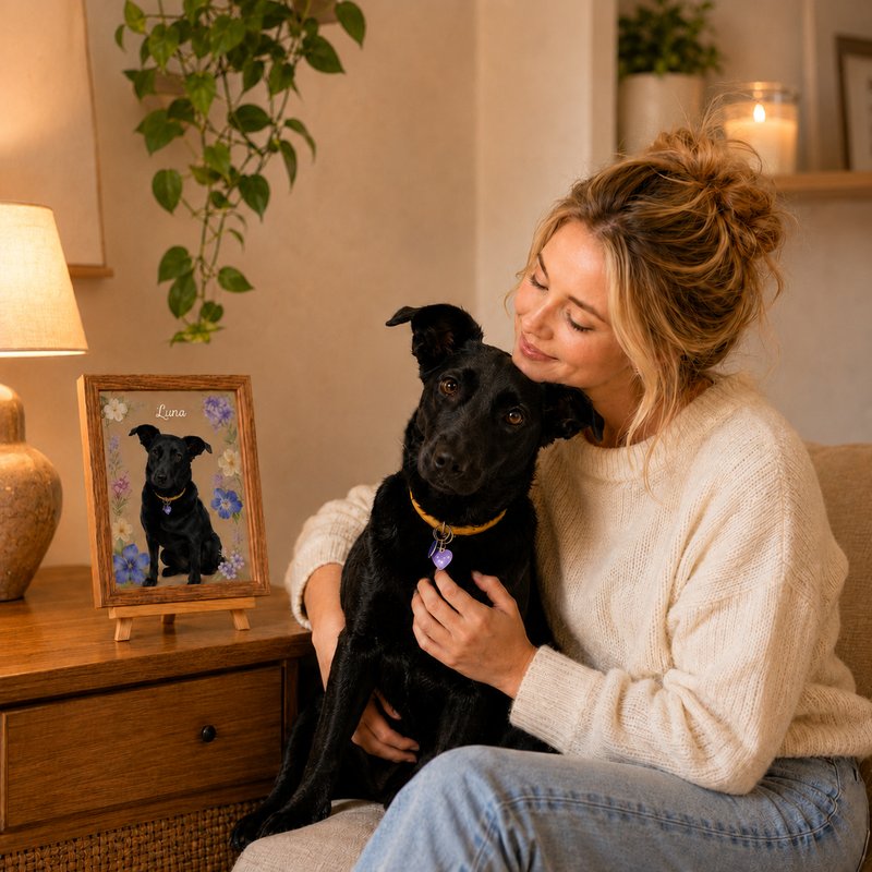 Woman holding a black dog beside its personalized floral pet portrait named Luna in a cozy home.
