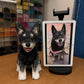 Handmade black and gray dog pet replica displayed beside the customer's reference photo on a tablet.