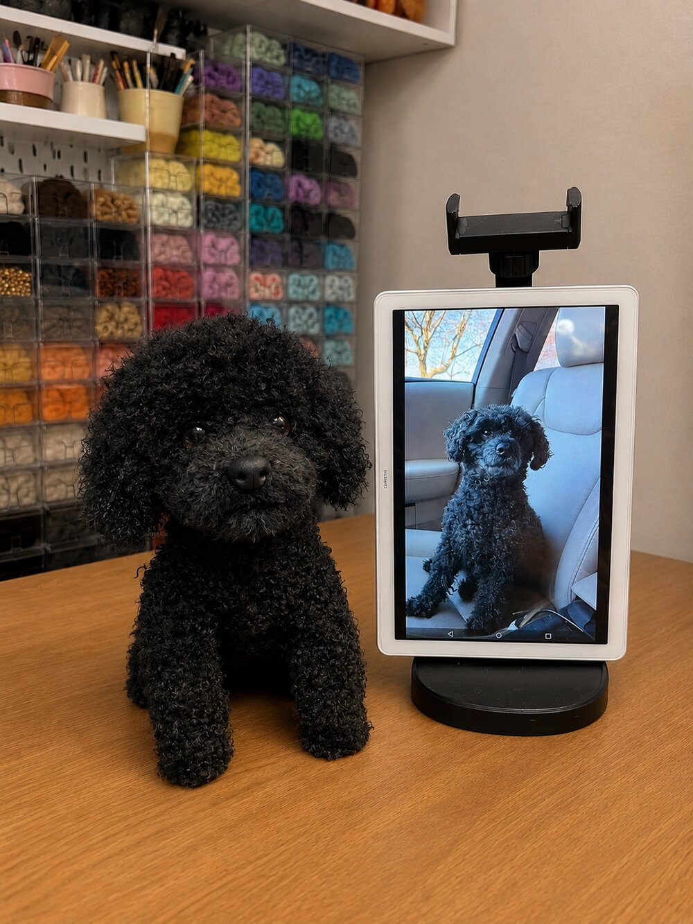 Handmade black poodle pet replica displayed beside the customer's reference photo on a tablet.
