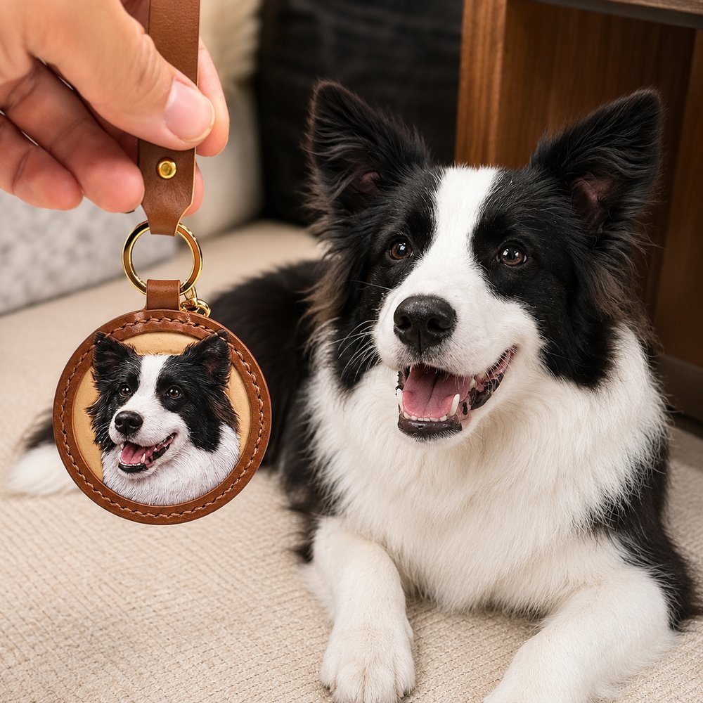 Hand holding a custom round leather keychain featuring a black and white Border Collie portrait beside the real dog.