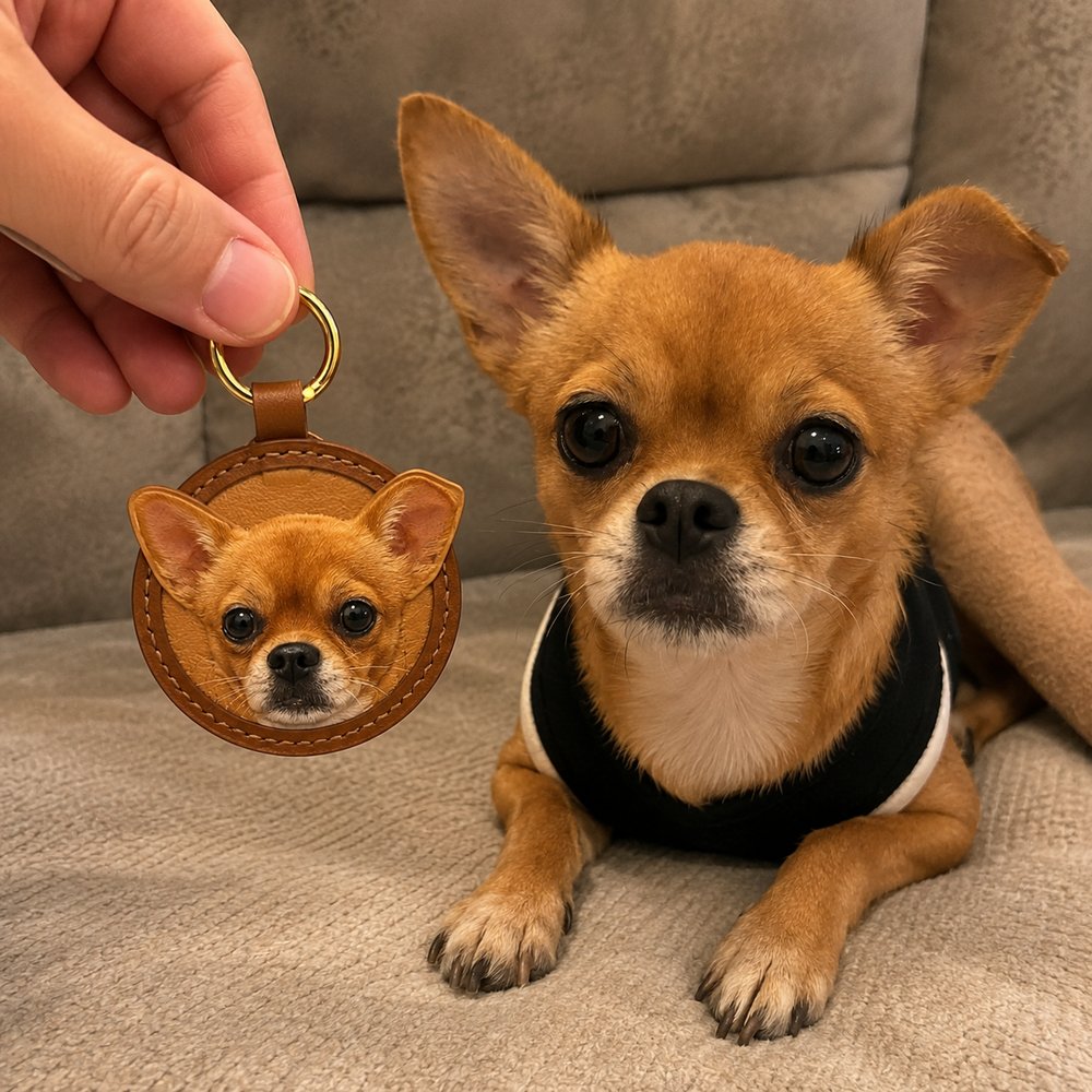 Hand holding a custom round leather keychain featuring a tan Chihuahua portrait beside the real dog.