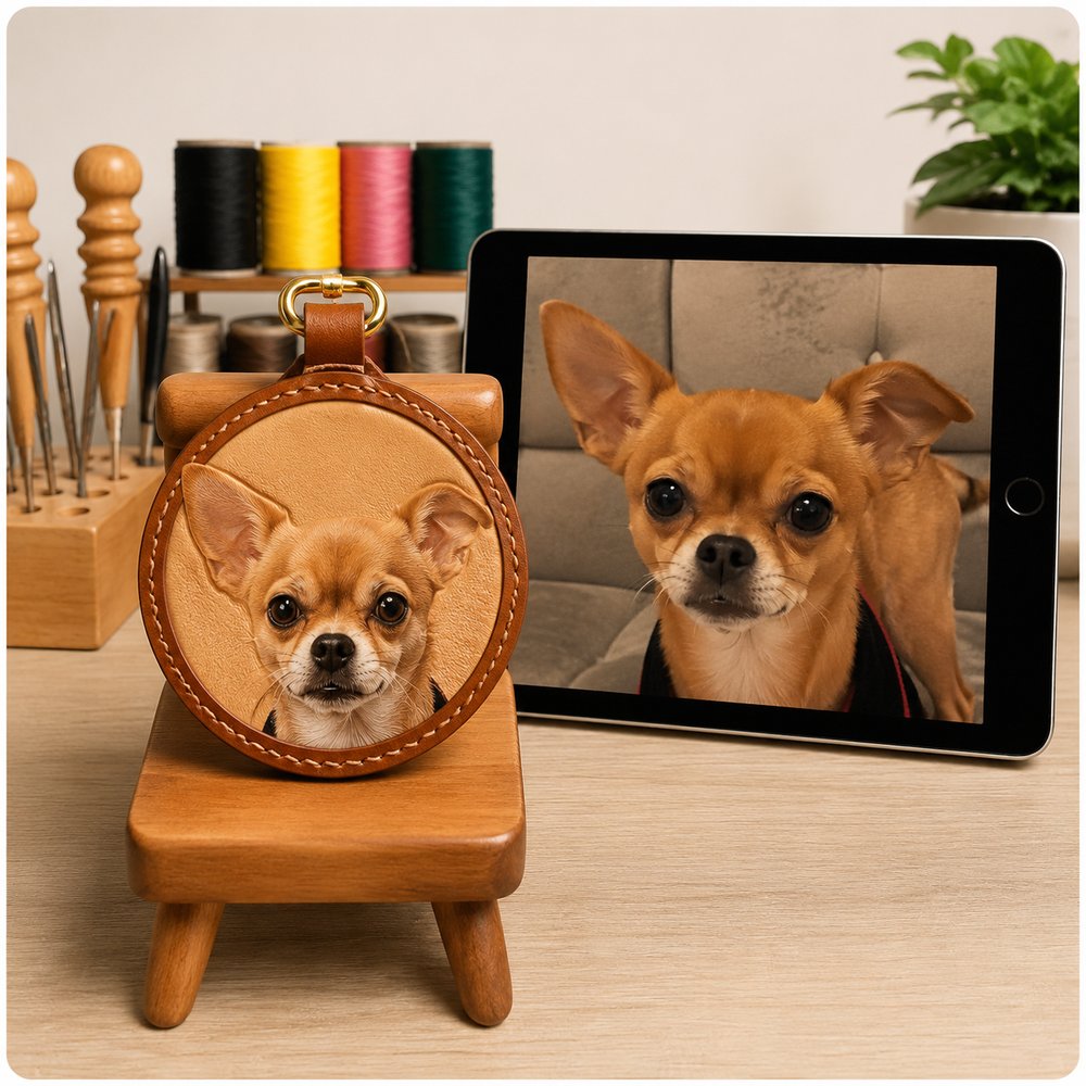 Custom round leather keychain featuring a detailed tan Chihuahua portrait, displayed beside the pet’s reference photo on a tablet.