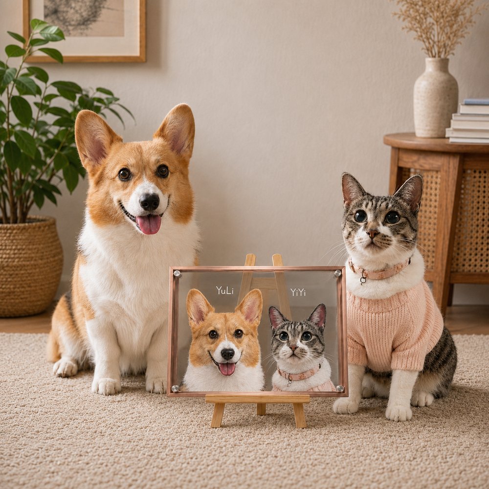 Custom glass pet portrait of a corgi and tabby cat displayed on a wooden easel in a cozy home.
