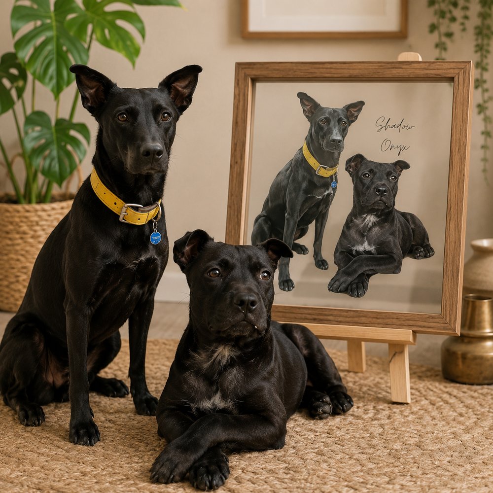 Two black dogs named Shadow and Onyx sitting beside their personalized glass pet portrait displayed in a wooden frame.