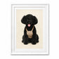 Framed custom pencil portrait of a black poodle created from a pet photo with realistic fur details and expression.