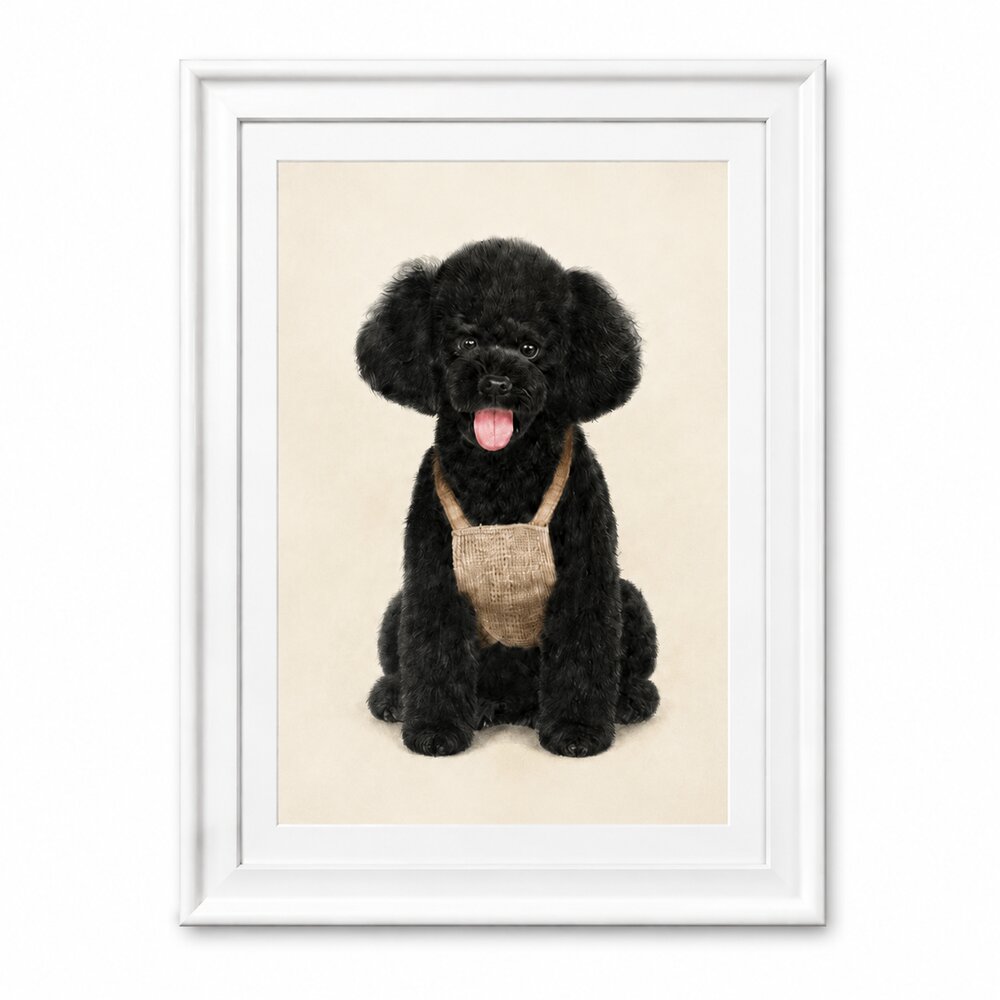 Framed custom pencil portrait of a black poodle created from a pet photo with realistic fur details and expression.