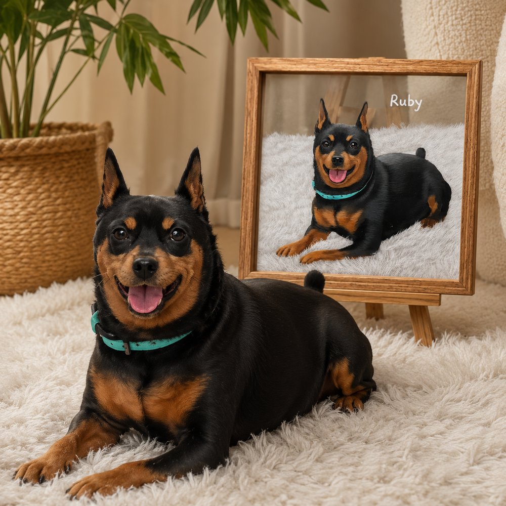 Black and tan dog named Ruby resting beside its personalized glass pet portrait displayed in a wooden frame.
