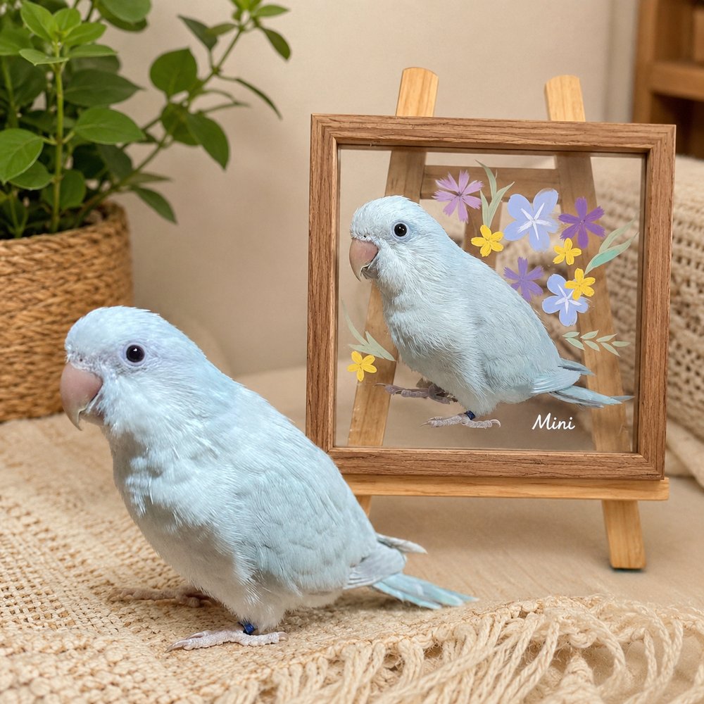 Small blue parrot named Mini sitting beside its personalized floral glass pet portrait displayed in a wooden frame.