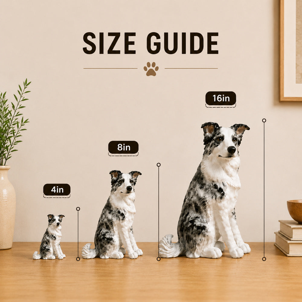 Size comparison guide showing custom blue merle dog figurines in 4-inch, 8-inch and 16-inch options.
