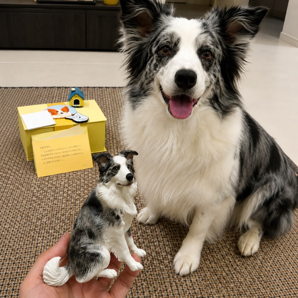 Hand holding a custom Border Collie figurine beside the real black, white and gray dog used as the reference.