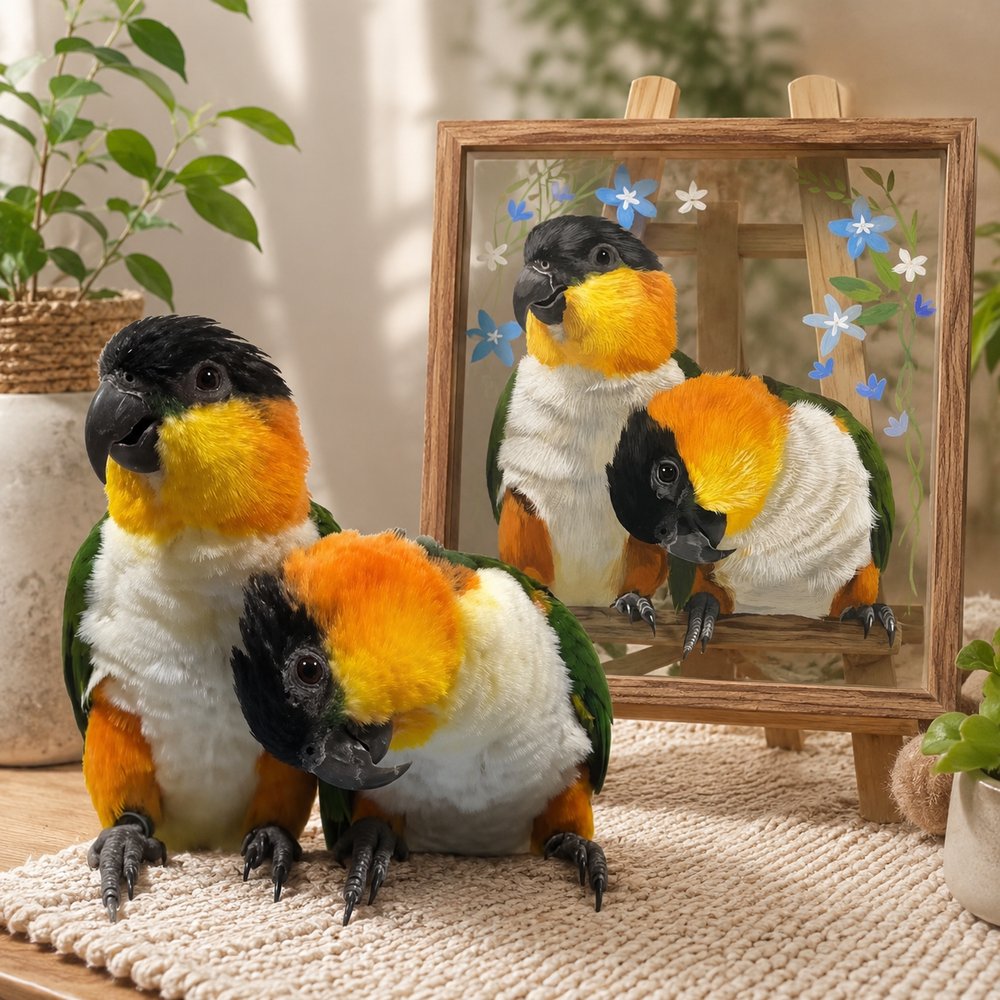 Two colorful black-headed Caique parrots sitting beside their personalized floral glass pet portrait in a wooden frame.