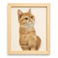 Framed custom colored pencil portrait of an orange tabby cat with detailed fur texture, expressive eyes and natural wood frame.