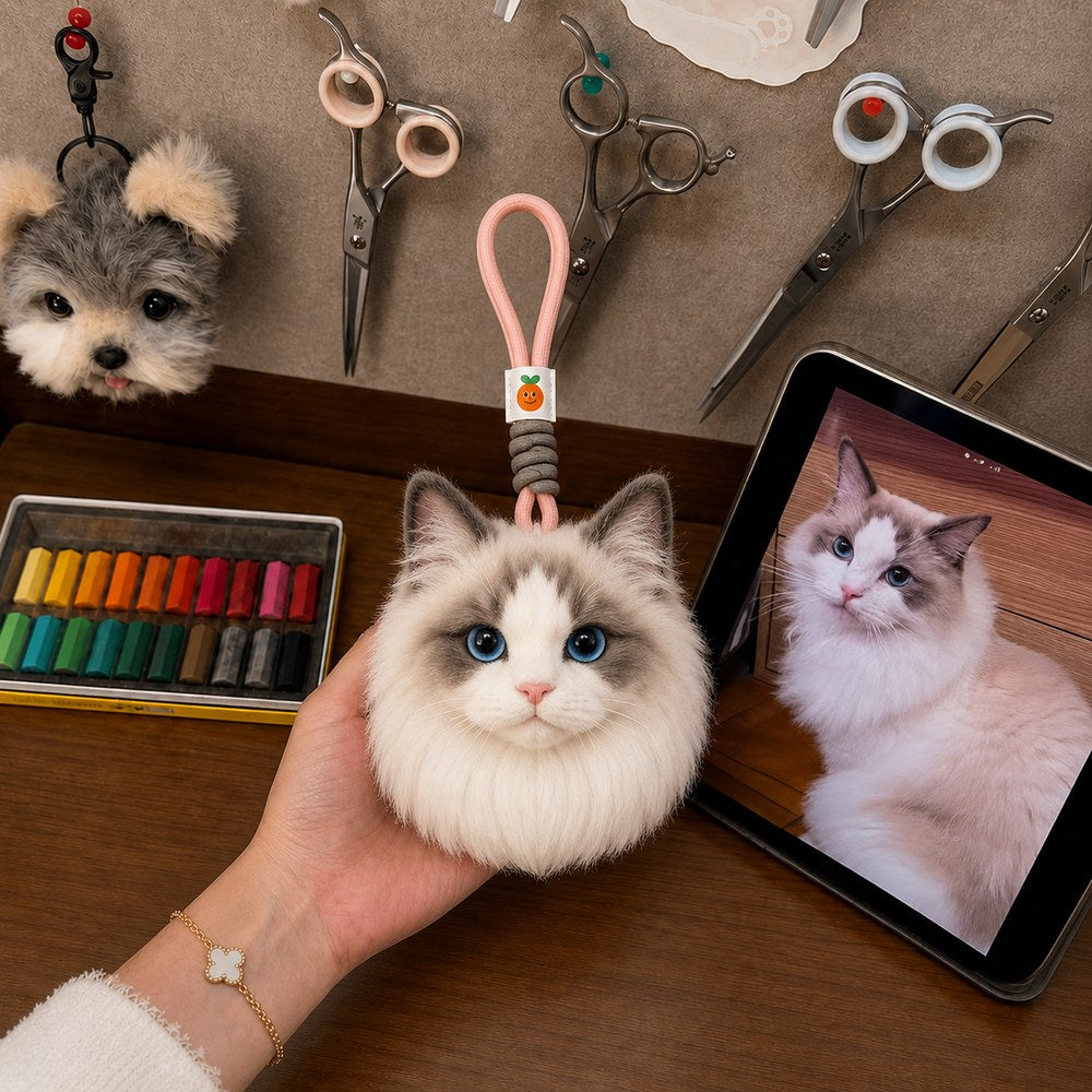 Handmade Ragdoll cat head bag charm with blue eyes displayed beside the pet’s reference photo in an artisan workshop.