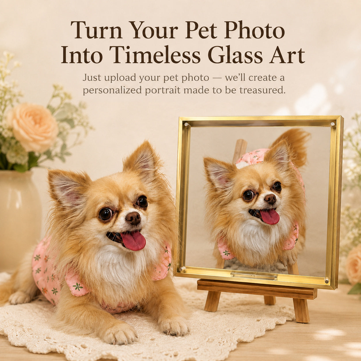 Tan Chihuahua beside a custom glass pet portrait displayed on a wooden easel in a warm floral setting.