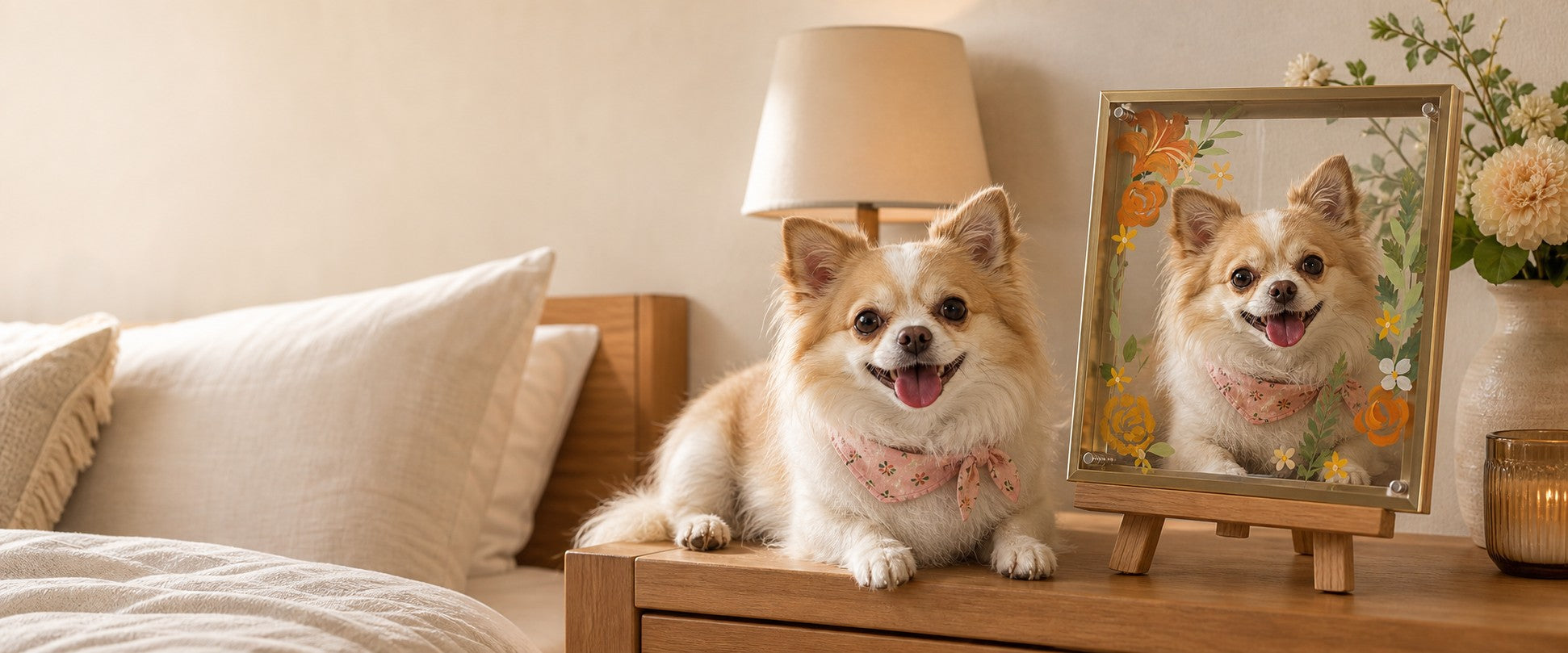 Custom glass portrait of a smiling tan and white Chihuahua displayed beside the real dog in a warm bedroom setting.