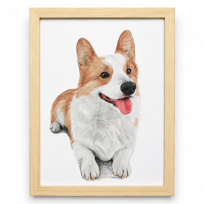 Framed custom pencil portrait of a Corgi dog with realistic fur details, expressive eyes and natural wood frame.