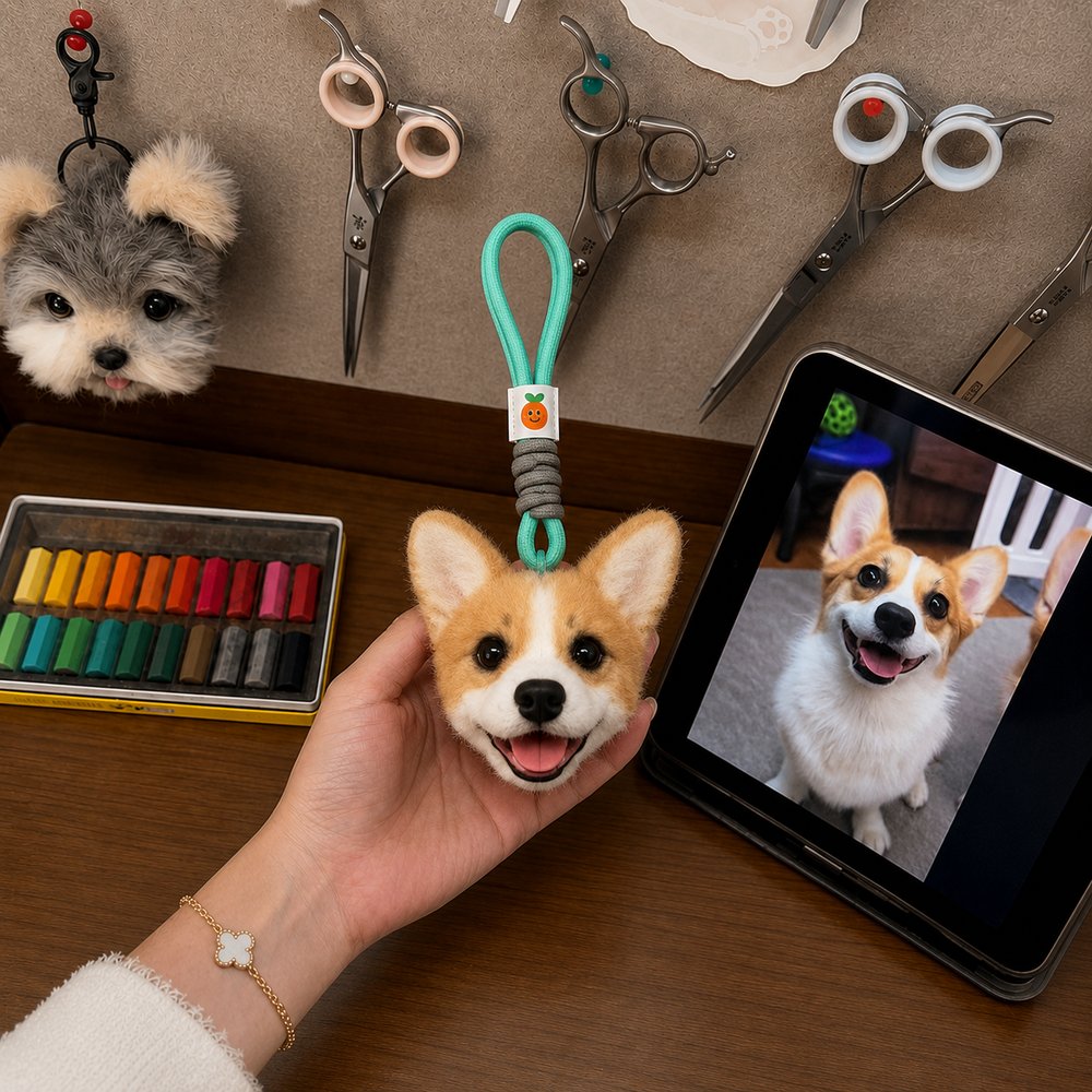 Handmade Corgi head bag charm with a green hanging loop displayed beside the dog’s reference photo in an artisan workshop.