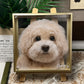 Custom dog portrait on glass featuring Coco, a cream-colored dog in a square black frame