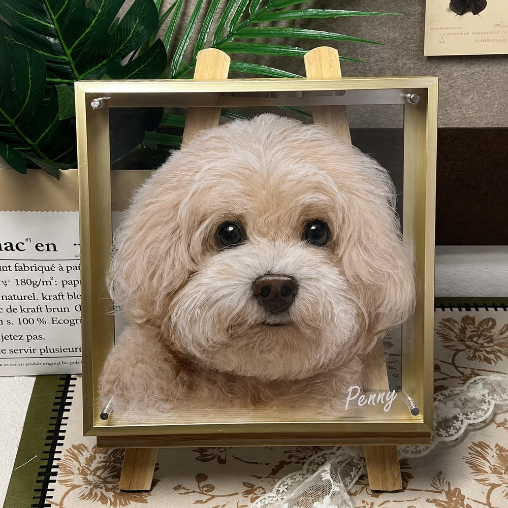 Custom dog portrait on glass featuring Coco, a cream-colored dog in a square black frame