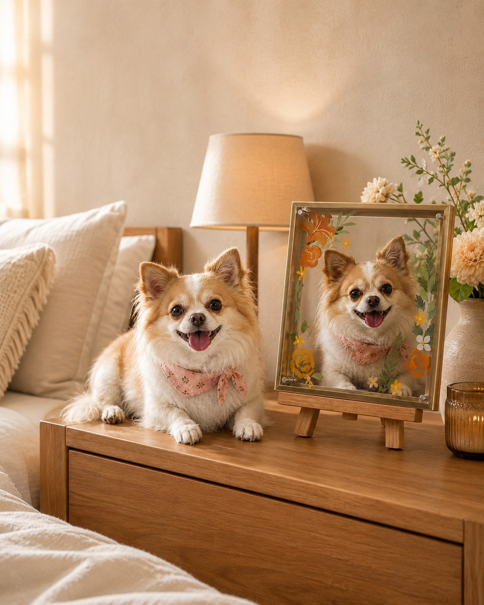 Custom glass portrait of a smiling tan and white dog displayed on a wooden easel beside the real pet in a warm bedroom setting.