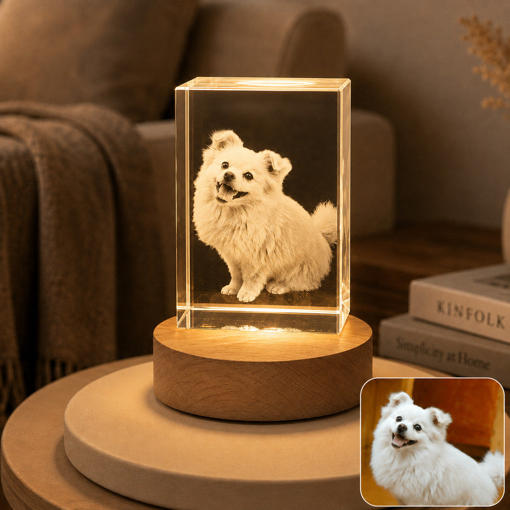 Custom 3D dog portrait crystal block night light on a wooden LED base, personalized from an uploaded pet photo.