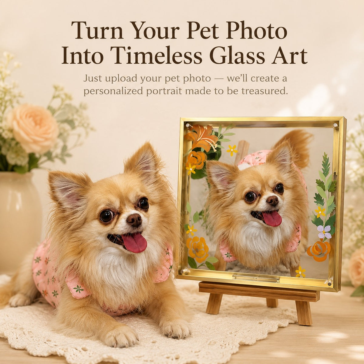 Personalized pomeranian dog layered portrait artwork with wooden easel tabletop display