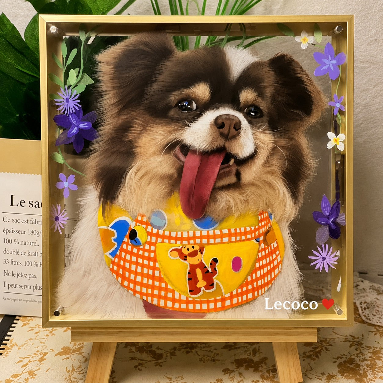 Custom dog 3D layered portrait frame decorated with dried flowers, personalized name handmade tabletop art decor