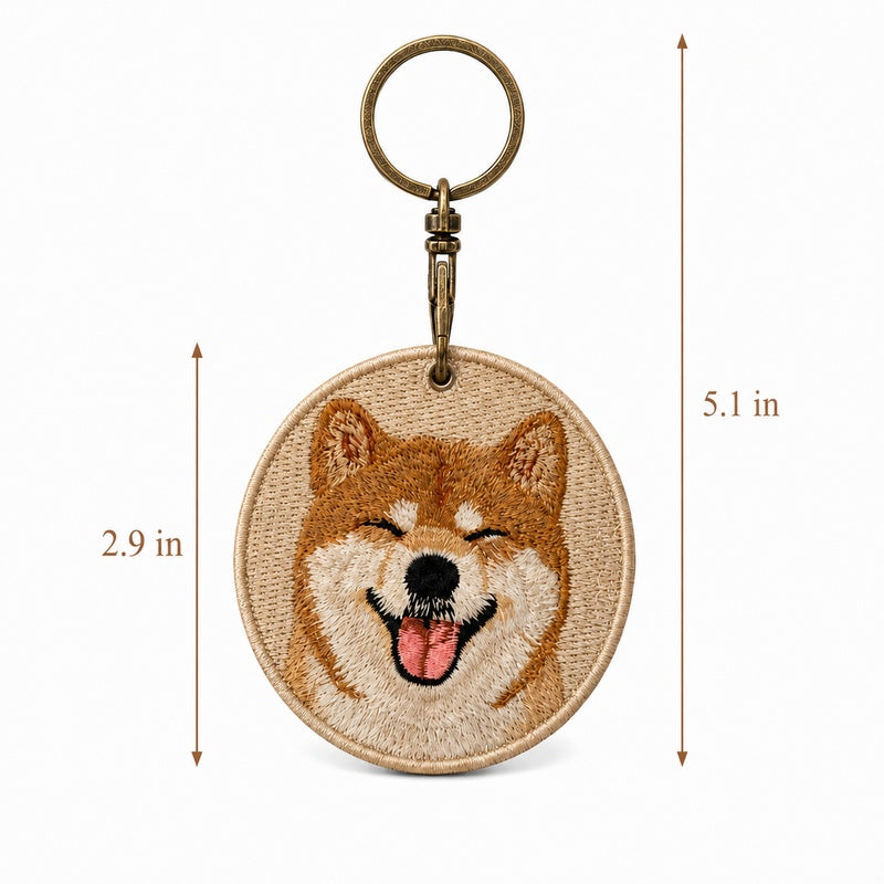 Size guide for a custom embroidered Shiba Inu portrait keychain measuring 2.9 inches in diameter and 5.1 inches in total height.