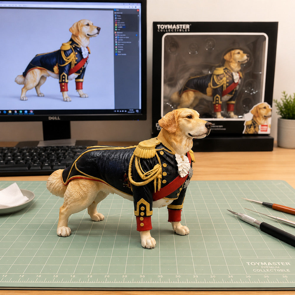 Custom Golden Retriever figurine wearing a detailed officer uniform, displayed in a workshop beside its digital design and collectible packaging.