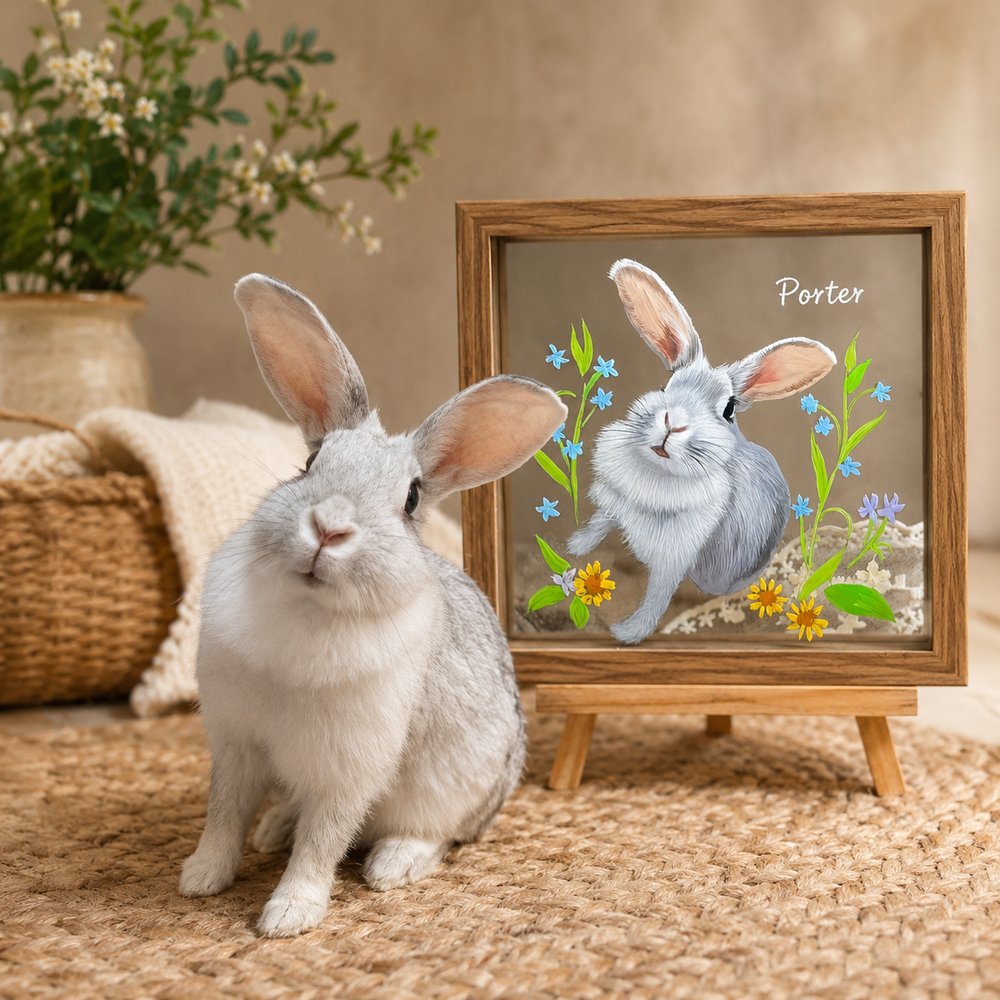 Gray rabbit named Porter sitting beside its personalized floral glass pet portrait displayed in a wooden frame on an easel.