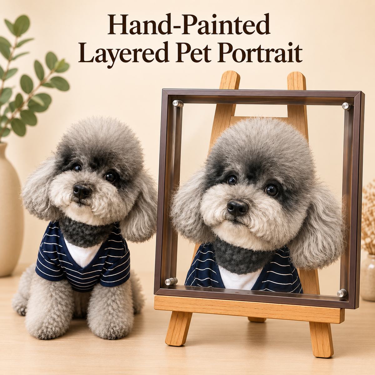 Gray dog in a navy striped shirt beside its custom hand-painted layered pet portrait in a dark frame on a wooden easel.