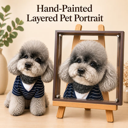 Gray dog in a navy striped shirt beside its custom hand-painted layered pet portrait in a dark frame on a wooden easel.