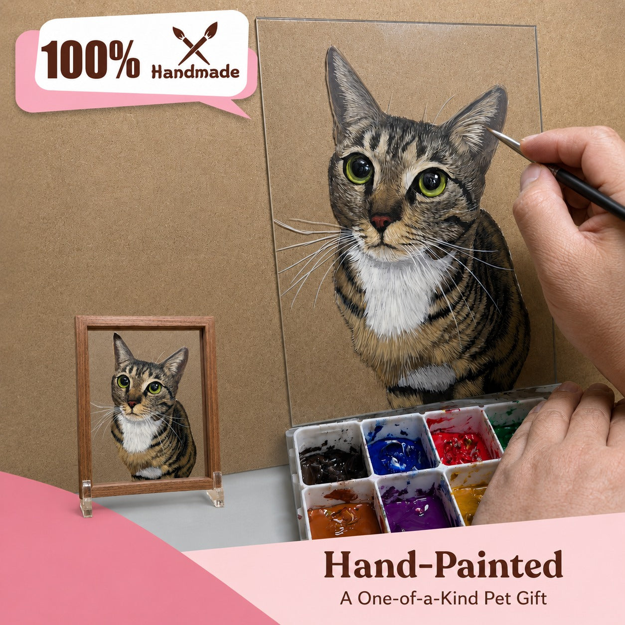 Artist hand-painting a custom tabby cat portrait on a clear acrylic panel
