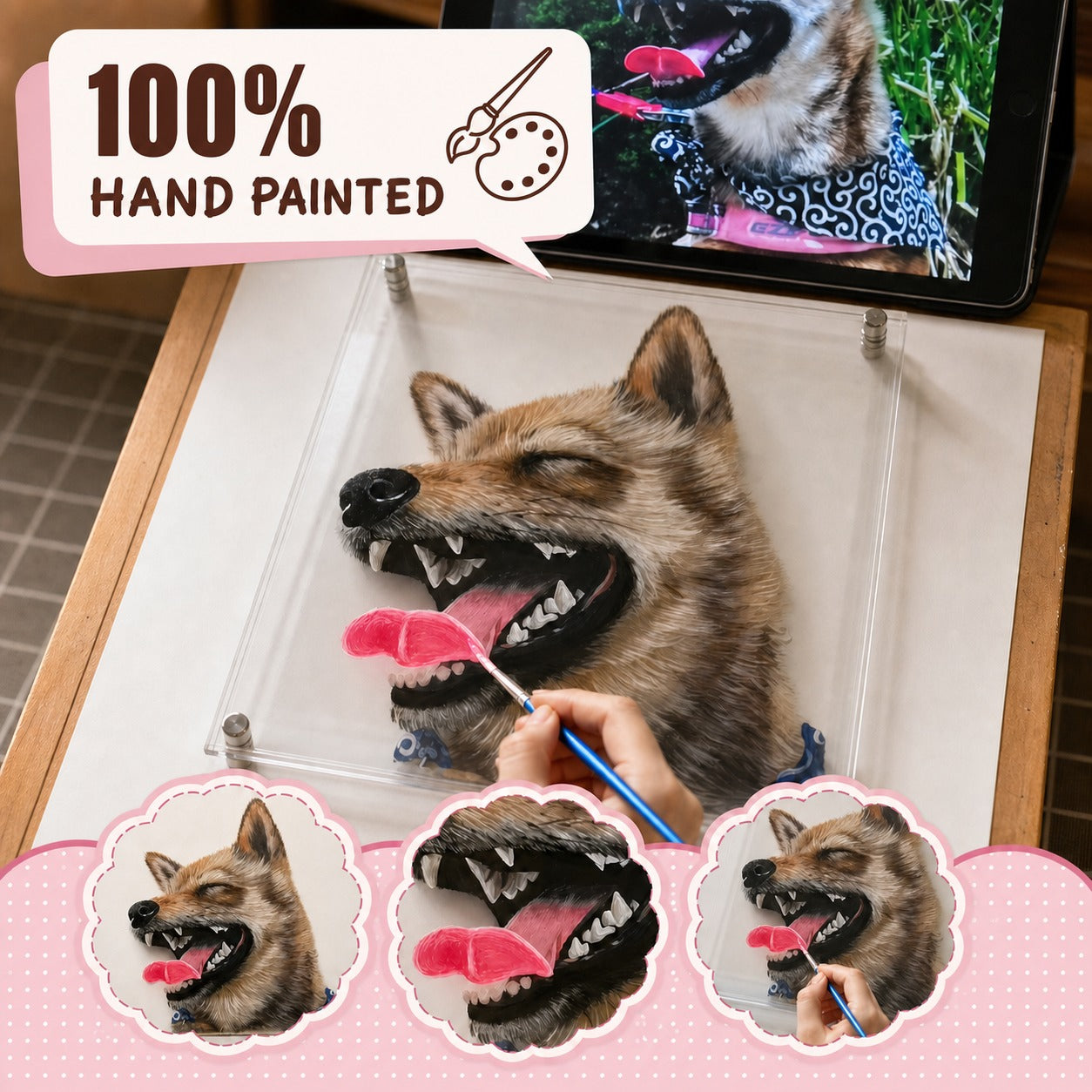 Artist hand-painting a realistic wolf portrait on a clear acrylic panel with detail views