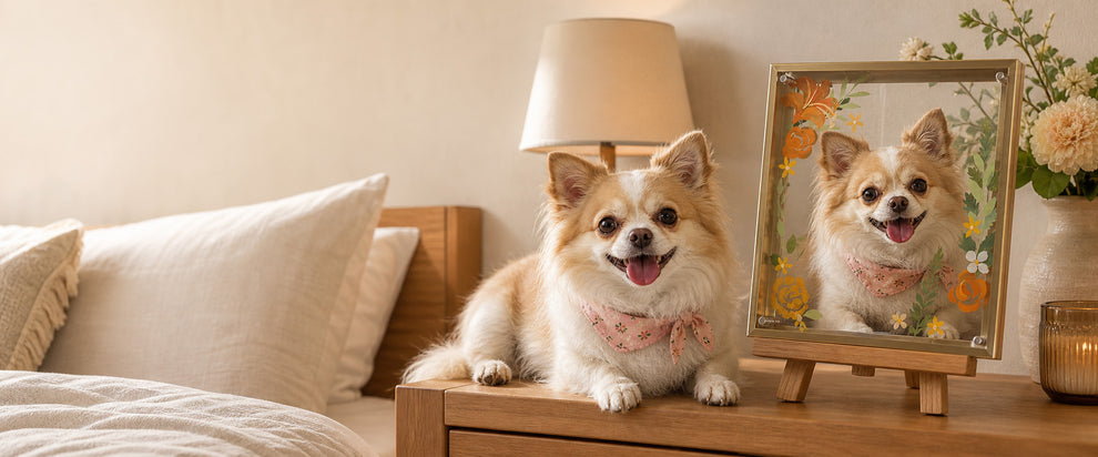 Custom multi-layered pet portrait created from a photo of a tan-and-white Chihuahua, displayed beside the real dog on a wooden easel.