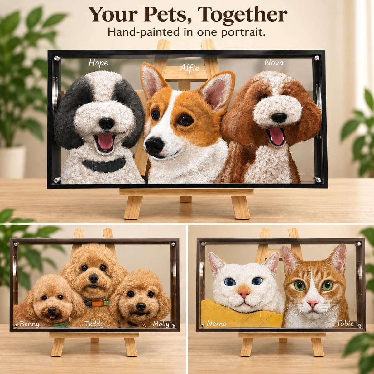 Custom layered pet portrait examples showing two three-dog portraits and one two-cat portrait, with pet names and wooden easels.