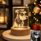 Custom 3D dog portrait crystal block night light on a wooden LED base, personalized from an uploaded pet photo.