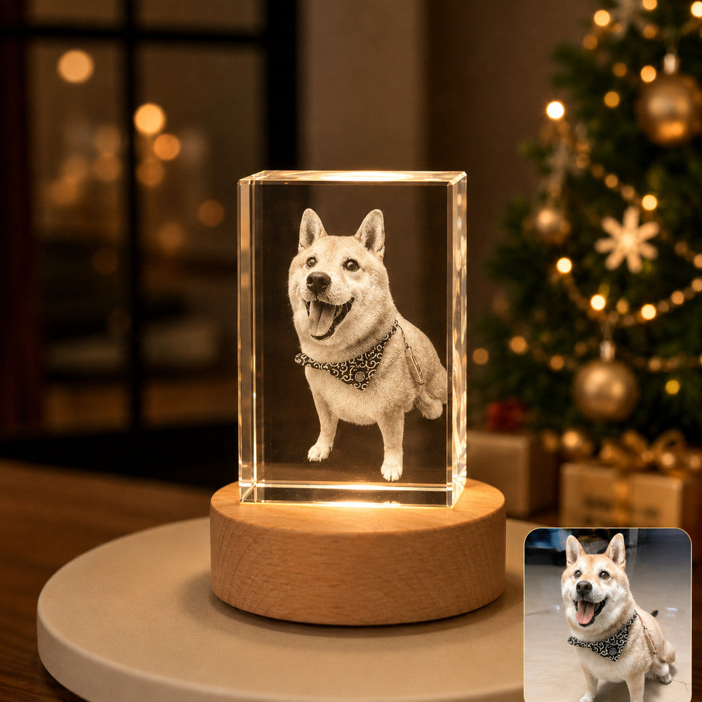 Custom square 3D dog portrait crystal night light on a wooden LED base, personalized from a pet photo and displayed beside a Christmas tree.